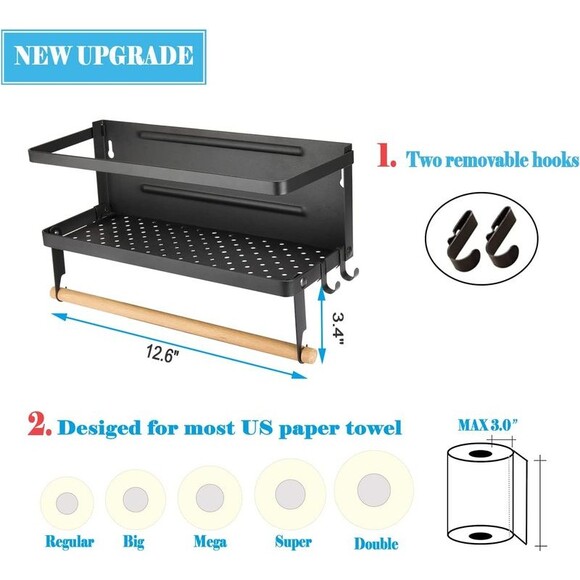 Magnetic Paper Towel Holder, 2-In-1 Magnetic Spice Rack with Hooks,Wall Mount Sh - Picture 3 of 12